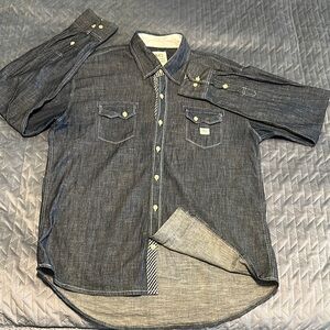 Men's Denim Button-Up Shirt with gingham accents